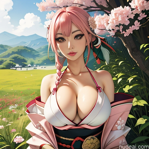 Kimono White Japanese Mmitsuri Pink Hair Green Hair Huge Boobs Big Hips One Woman Meadow Crisp Anime Braided Fairer Skin
