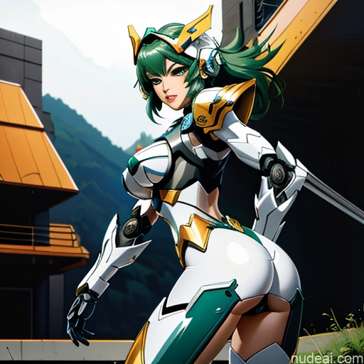 ai nude image of pics of SuperMecha: A-Mecha Musume A素体机娘 Leon Raymond Fantasy Armor Butt Bite Pantsuit Two Green Hair