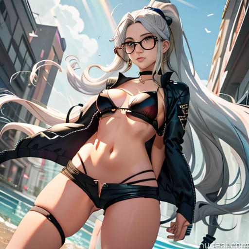ai nude image of pics of Woman One Skinny Long Hair Glasses Micro Shorts 20s Seductive White Hair Bangs Straight White Soft Anime Tokyo Choker Thigh Socks Whale Tail (Clothing) Crisp Anime Crop Top Jacket Undressing Bra