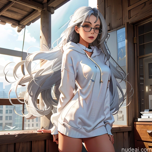 knackiger Anime Weiß weißes Haar Übergroßer Pullover/Hoodie Gläser Schlafzimmer 