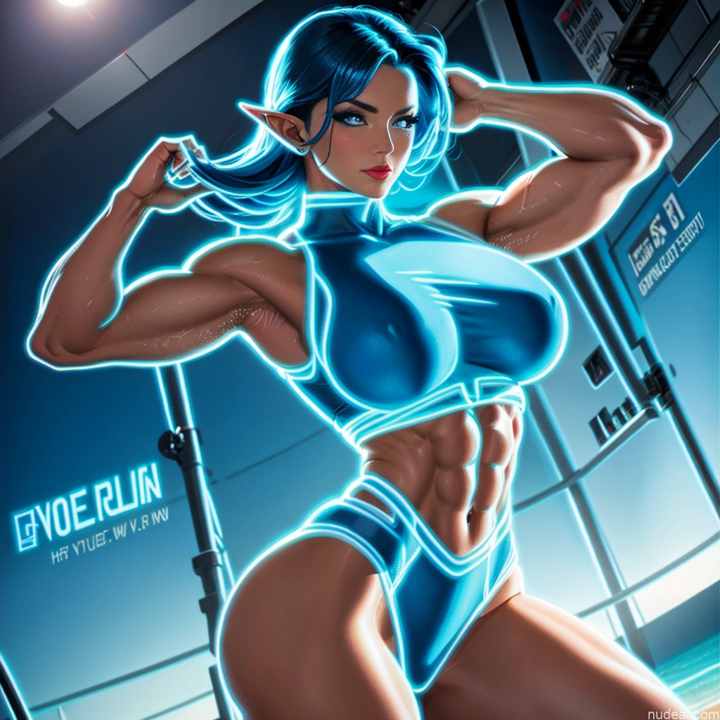 Superhero Woman Bodybuilder Busty Deep Blue Eyes Blue Hair Neon Lights Clothes: Blue Front View