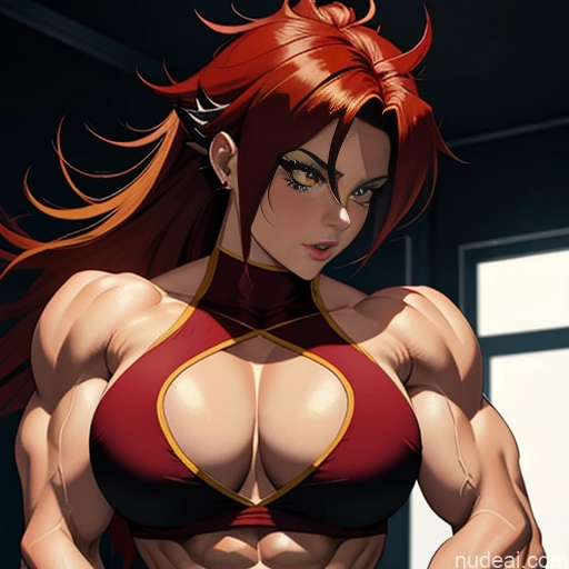 Super Saiyan 4 Woman Bodybuilder Busty Neon Lights Clothes: Red Front View