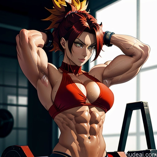 related ai porn images free for Super Saiyan 4 Woman Neon Lights Clothes: Red Busty Muscular Abs Front View
