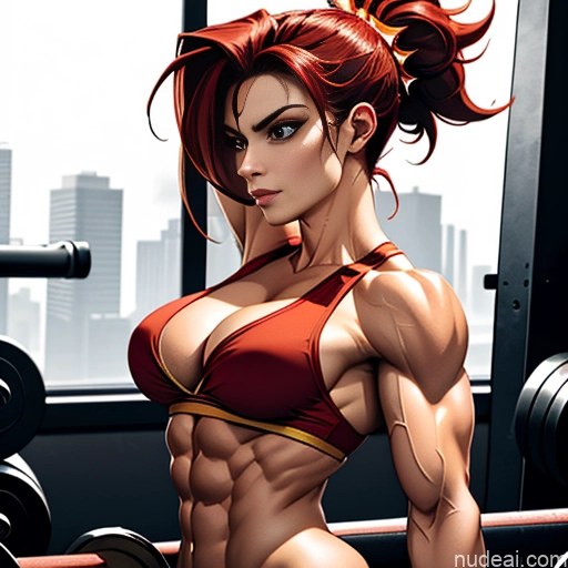 related ai porn images free for Super Saiyan 4 Woman Neon Lights Clothes: Red Busty Muscular Abs Front View Science Fiction Style