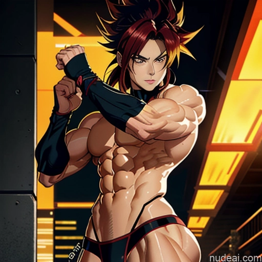 Super Saiyan 4 Neon Lights Clothes: Red Woman Muscular Abs Front View