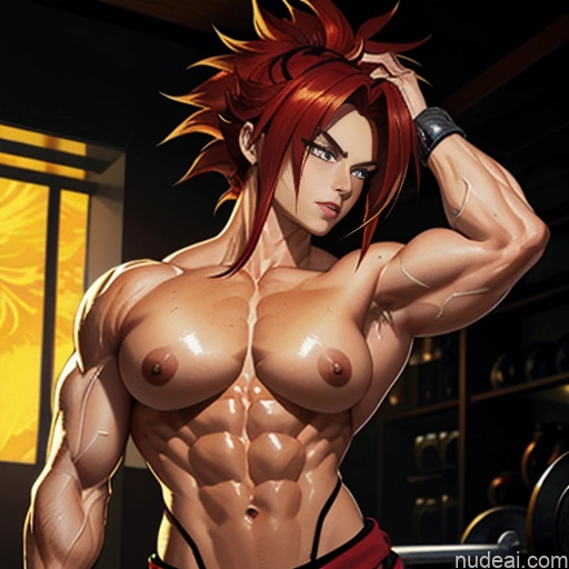 Super Saiyan 4 Neon Lights Clothes: Red Woman Muscular Abs Busty Several Front View