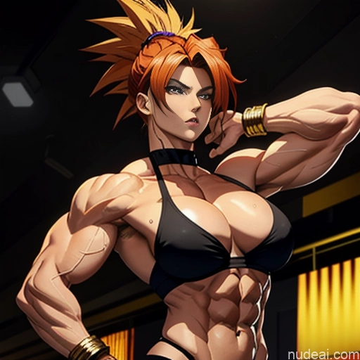 Super Saiyan 4 Neon Lights Clothes: Red Woman Muscular Abs Busty Several Front View Perfect Boobs