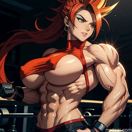 Super Saiyan 4 Neon Lights Clothes: Red Woman Muscular Abs Busty Several Front View Huge Boobs