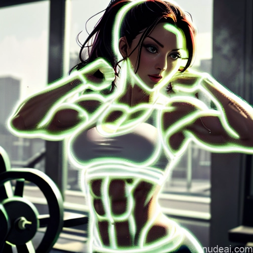 Neon Lights Clothes: Yellow Neon Lights Clothes: Blue Woman Busty Front View Muscular Abs Superhero