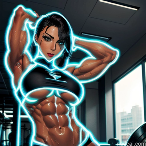 Neon Lights Clothes: Blue Woman Busty Front View Muscular Abs Superhero Cosplay Spandex