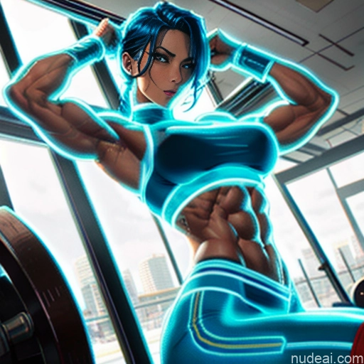 Superhero Cosplay Woman Busty Blue Hair Neon Lights Clothes: Blue Front View Muscular Abs