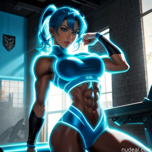 ai nude image of pics of Superhero Cosplay Neon Lights Clothes: Blue Woman Busty Blue Hair Front View Abs Power Rangers Deep Blue Eyes Muscular Hawkgirl Angel Perfect Boobs Huge Boobs Spandex Satin Battlefield