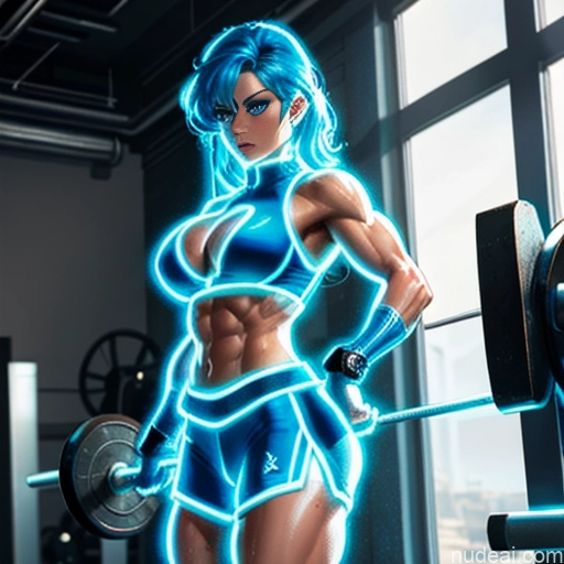 ai nude image of pics of Superhero Cosplay Neon Lights Clothes: Blue Woman Busty Blue Hair Front View Abs Power Rangers Deep Blue Eyes Muscular Hawkgirl Angel Perfect Boobs Huge Boobs Spandex Satin