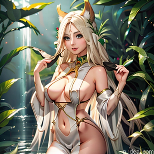 Elf Outfit/Elf Bikini Blonde Ahri, 1girl, Long Hair, Animal Ears, Whisker Markings, Korean Clothes, Cleavage, Detached Sleeves Elf Revealing Clothes Of Cerestia Of Life (Last Origin) Transparent Partially Nude