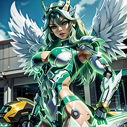 Woman Busty Muscular Abs Front View Has Wings Angel Bodybuilder Perfect Boobs SuperMecha: A-Mecha Musume A素体机娘 Superhero Persian Green Hair White Hair Ginger Neon Lights Clothes: Red Neon Lights Clothes: Green