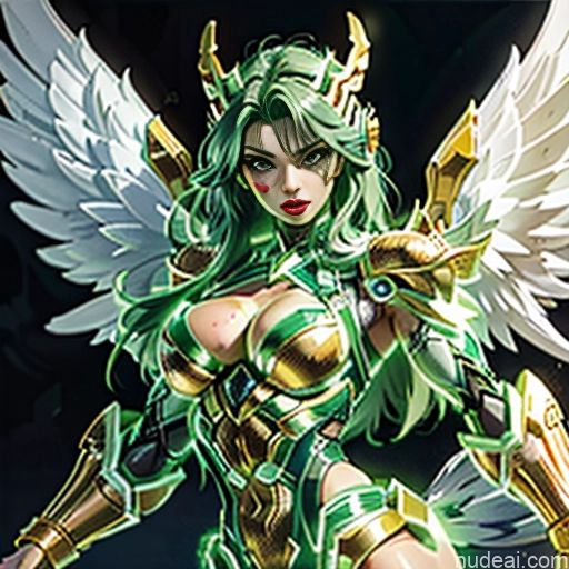 Woman Busty Muscular Abs Front View Has Wings Angel Bodybuilder Perfect Boobs SuperMecha: A-Mecha Musume A素体机娘 Superhero Persian Green Hair Ginger Neon Lights Clothes: Red Neon Lights Clothes: Green Lipstick Gold Jewelry White