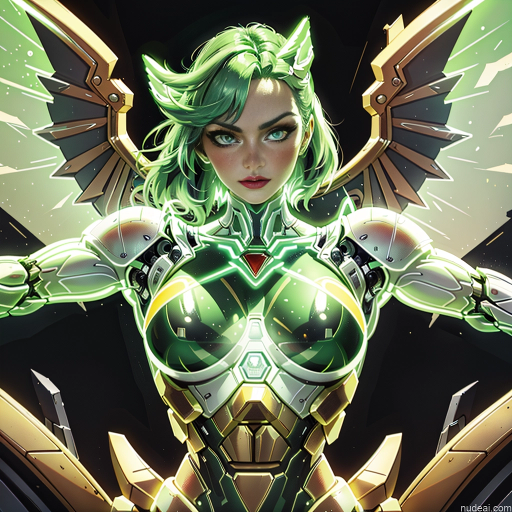 Woman Busty Muscular Abs Front View Has Wings Angel Bodybuilder Perfect Boobs SuperMecha: A-Mecha Musume A素体机娘 Superhero Persian Green Hair Ginger Neon Lights Clothes: Red Neon Lights Clothes: Green Lipstick White