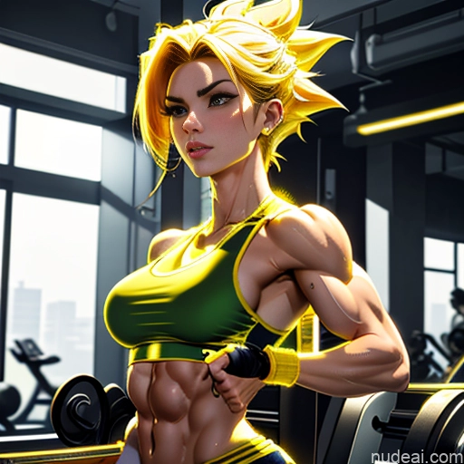 Super Saiyan Neon Lights Clothes: Yellow Gold Jewelry Busty Muscular Abs Blonde Neon Lights Clothes: Orange Cosplay