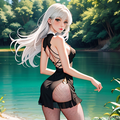 One White Skinny Big Ass Woman Illustration Lake EdgHO, Fishnet_dress, ((fishnets,cut Out Dress), Wearing EdgHO