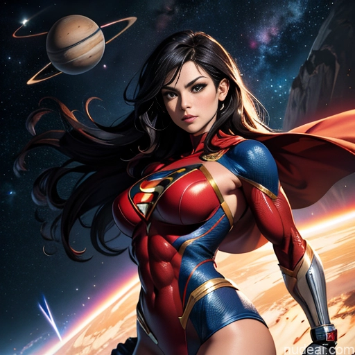 Superheroine Superhero Busty Muscular Powering Up Abs Dynamic View Space Science Fiction Style