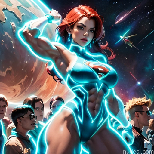 Superheroine Superhero Busty Muscular Powering Up Abs Dynamic View Space Science Fiction Style Neon Lights Clothes: Blue Several