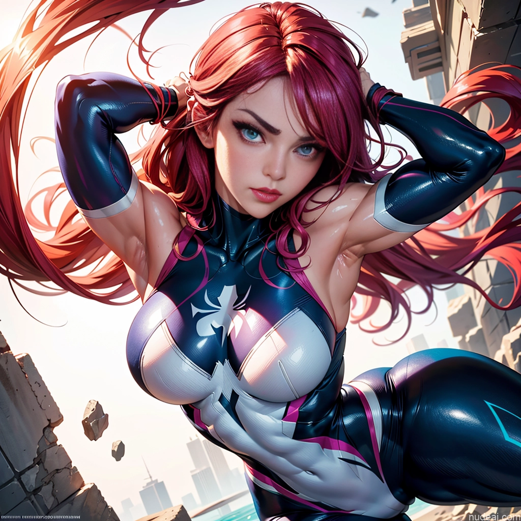 ai nude image of pics of Busty Muscular Abs Powering Up Superheroine Superhero Spider-Gwen