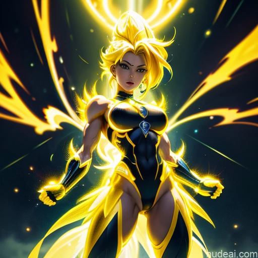 ai nude image of pics of Super Saiyan Superhero Muscular Busty Abs Powering Up Superheroine Science Fiction Style Neon Lights Clothes: Yellow