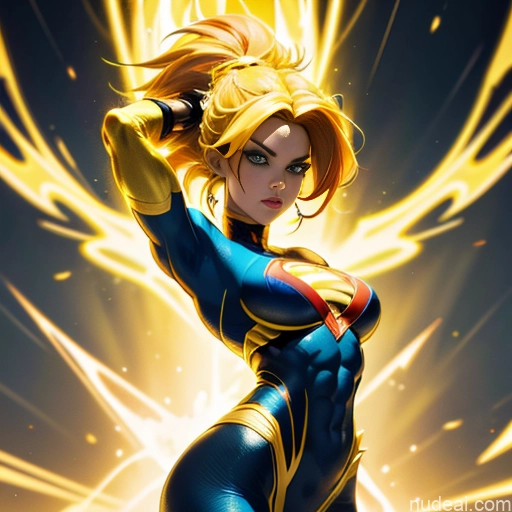 related ai porn images free for Super Saiyan Superhero Muscular Busty Abs Powering Up Superheroine Science Fiction Style Neon Lights Clothes: Yellow