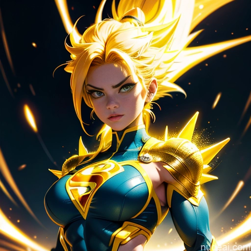 related ai porn images free for Super Saiyan Superhero Muscular Busty Abs Powering Up Superheroine Science Fiction Style Neon Lights Clothes: Yellow