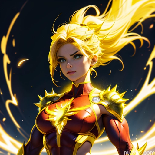related ai porn images free for Super Saiyan Superhero Muscular Busty Abs Powering Up Superheroine Neon Lights Clothes: Yellow