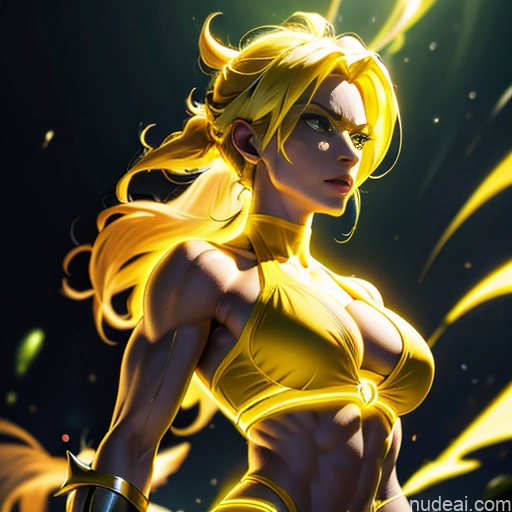 Muscular Busty Abs Powering Up Science Fiction Style Super Saiyan Super Saiyan 3 Superheroine Superhero Neon Lights Clothes: Yellow