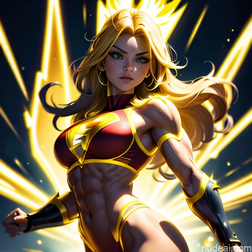 Muscular Busty Abs Powering Up Science Fiction Style Super Saiyan Super Saiyan 3 Superheroine Superhero Neon Lights Clothes: Yellow