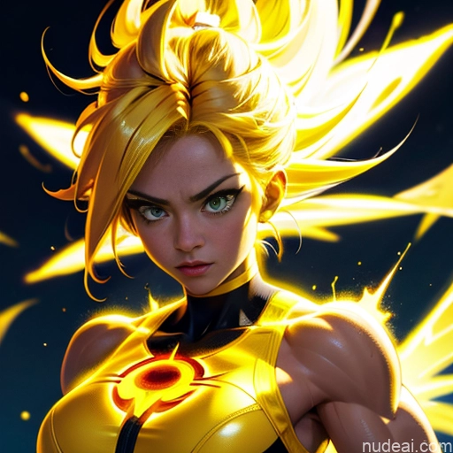 Muscular Busty Abs Powering Up Science Fiction Style Super Saiyan Super Saiyan 3 Superhero Neon Lights Clothes: Yellow
