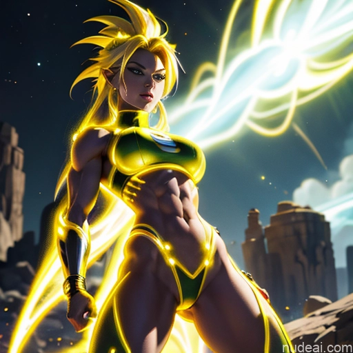 Muscular Busty Abs Powering Up Science Fiction Style Super Saiyan Super Saiyan 3 Superhero Neon Lights Clothes: Yellow Superheroine Regal
