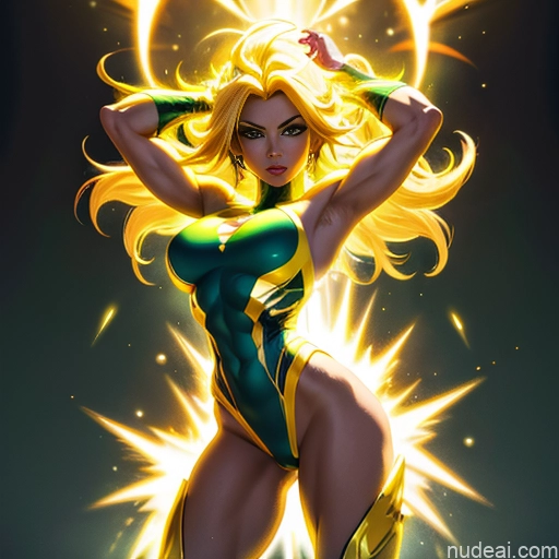 muskulös vollbusig Superheld Neonlicht-Kleidung: gelb Science-Fiction-Stil Abs