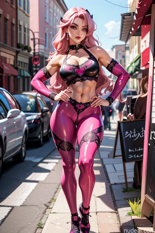 Athlete Several Busty Perfect Boobs Lipstick Muscular Skinny Abs Perfect Body 18 Seductive Pink Hair German Detailed Pouting Lips Better Leggins - Goth
