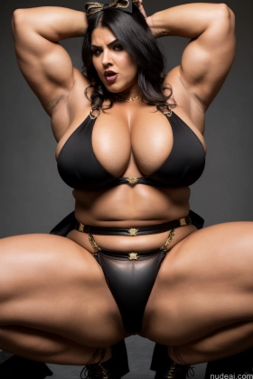 Bodybuilder Huge Boobs Tattoos Muscular Big Ass Abs Thick Chubby Big Hips Fat Pubic Hair Angry Black Hair Long Hair Italian Bdsm Dominatrix Bows Goth Stockings Suspender Belt Close-up View Gold Jewelry