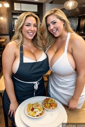 Huge Boobs Thick Chubby Fat 30s Laughing Happy Blonde Apron Restaurant Topless Blowjob Busty Woman Mirror Selfie Two